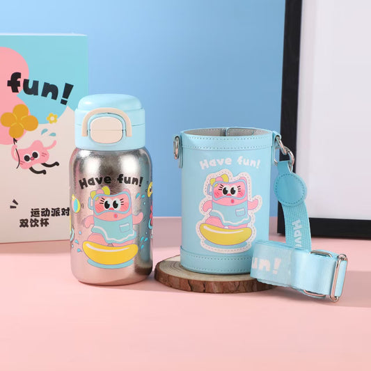 Pure Titanium Kids Vacuum Bottle - Cartoon Insulated Thermos Cup with Straw, 2-in-1 Lid, Large Capacity for School Children
