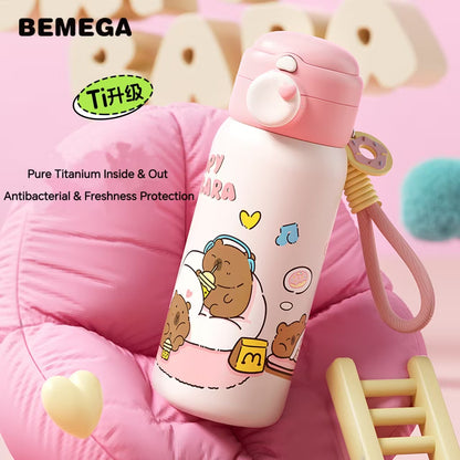 Bemega Capybara Pure Titanium Kids Thermos Cup - Insulated Straw Water Bottle for School, Boys and Girls