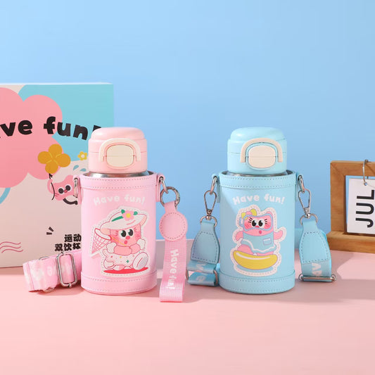 Pure Titanium Kids Vacuum Bottle - Cartoon Insulated Thermos Cup with Straw, 2-in-1 Lid, Large Capacity for School Children